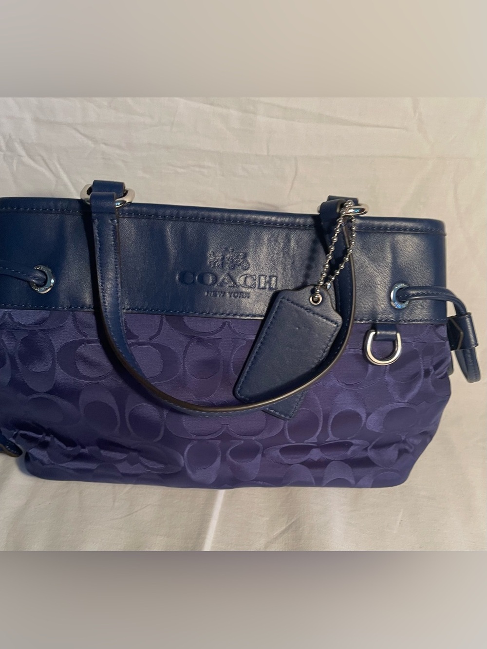 Coach Blue Signature Shoulder Purse / Hand Bag with Leather Trim - Picture 7 of 15